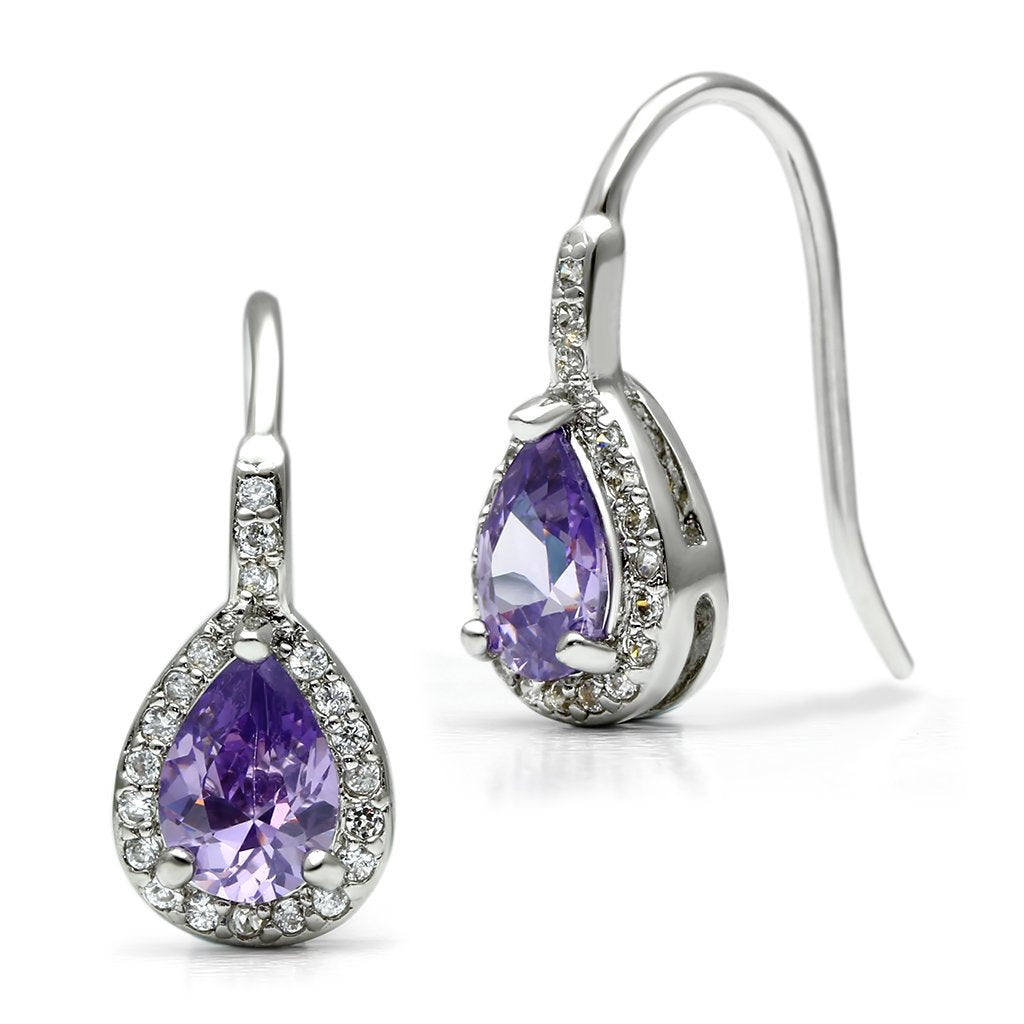 JCE100 Rhodium Brass Earrings with AAA Grade CZ  in Amethyst