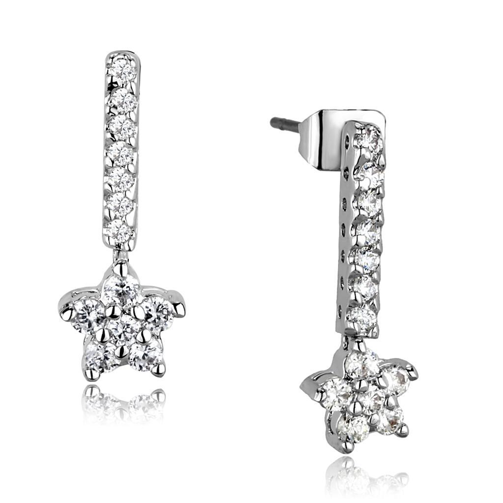 JCE1056 Rhodium Brass Earrings with AAA Grade CZ  in Clear