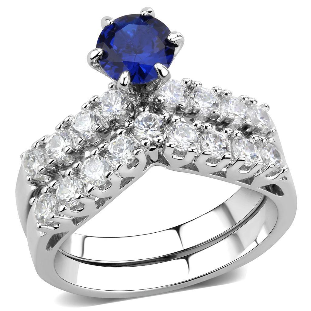 JCE1596 Rhodium Brass Ring with AAA Grade CZ  in London Blue