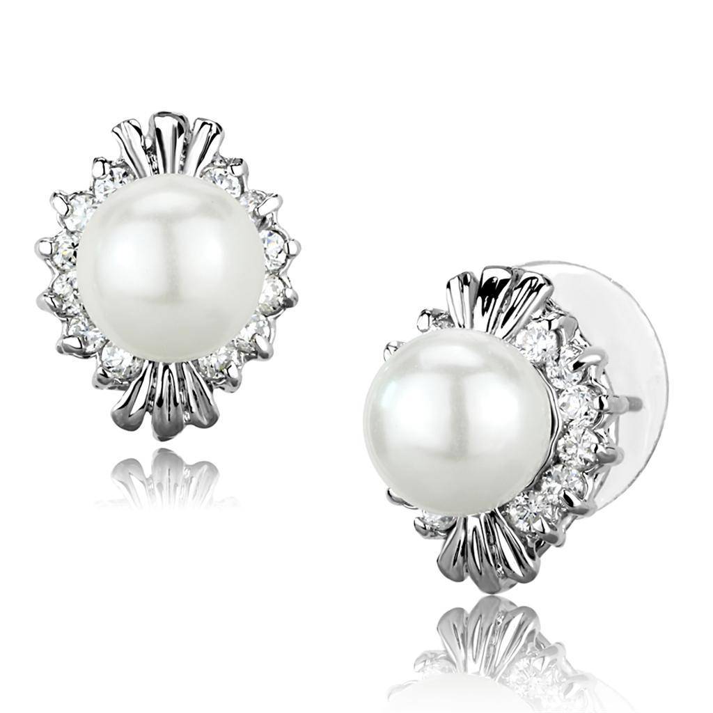 JCE886 Rhodium Brass Earrings with Synthetic Pearl in White