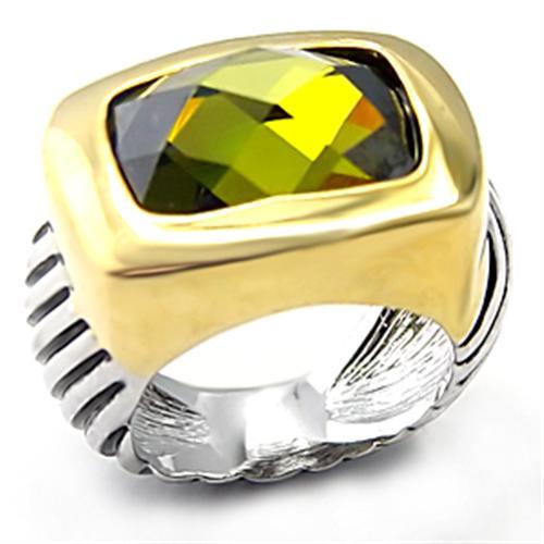 JCE127 Reverse Two-Tone Brass Ring with AAA Grade CZ  in Olivine color