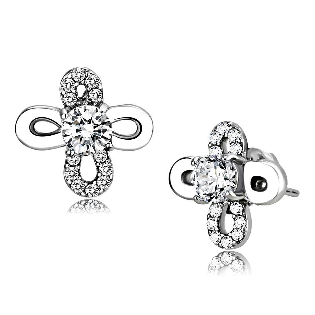 JCE206 High polished (no plating) Stainless Steel Earrings with AAA Grade CZ  in Clear