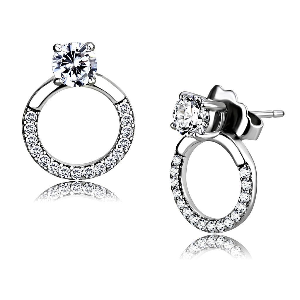 JCE208 High polished (no plating) Stainless Steel Earrings with AAA Grade CZ  in Clear