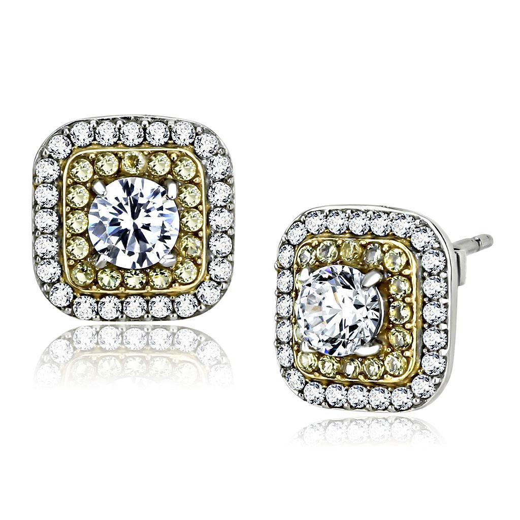 JCE220 Two-Tone IP Gold (Ion Plating) Stainless Steel Earrings with AAA Grade CZ  in Clear
