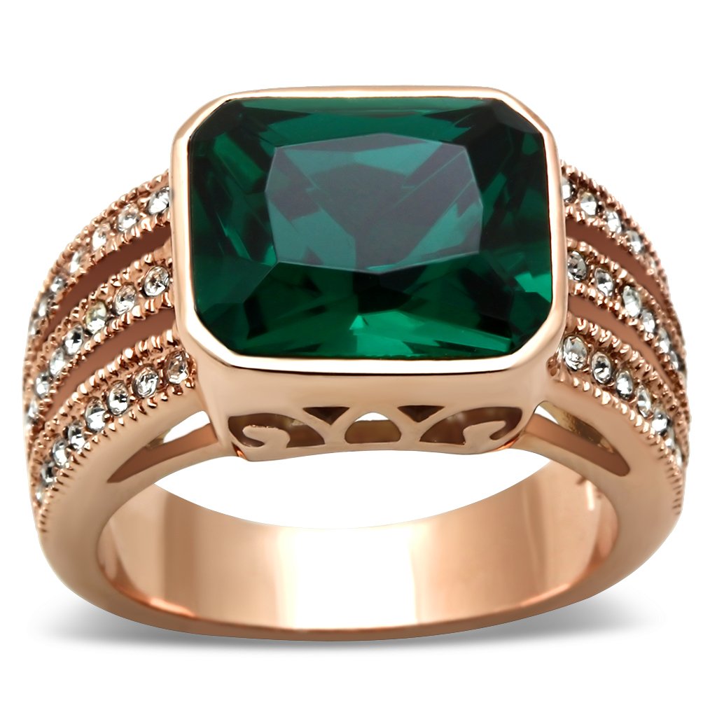 JCE240 IP Rose Gold(Ion Plating) Brass Ring with Synthetic Synthetic Glass in Blue Zircon