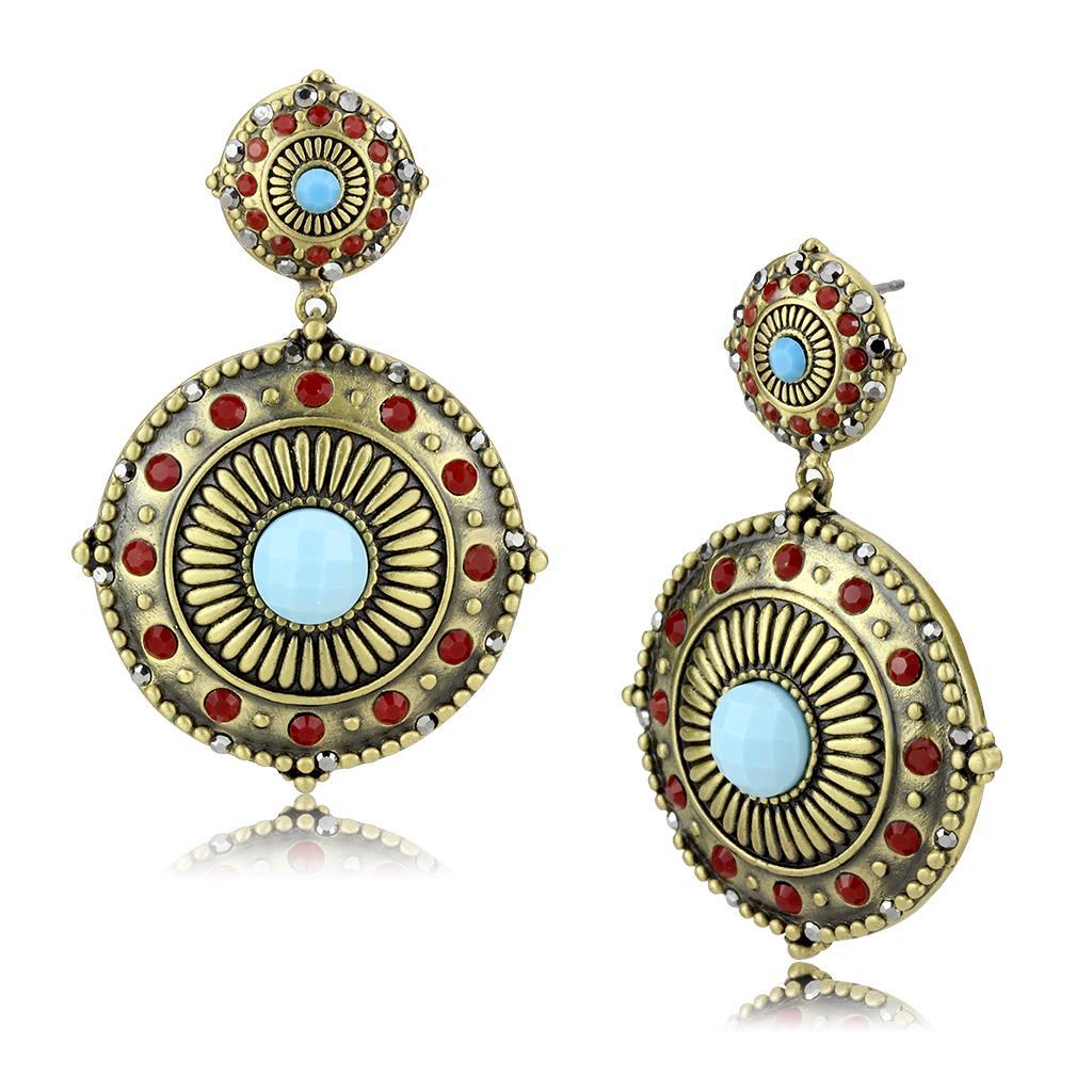 JCE4685 Antique Copper Brass Earrings with Synthetic Turquoise in Sea Blue