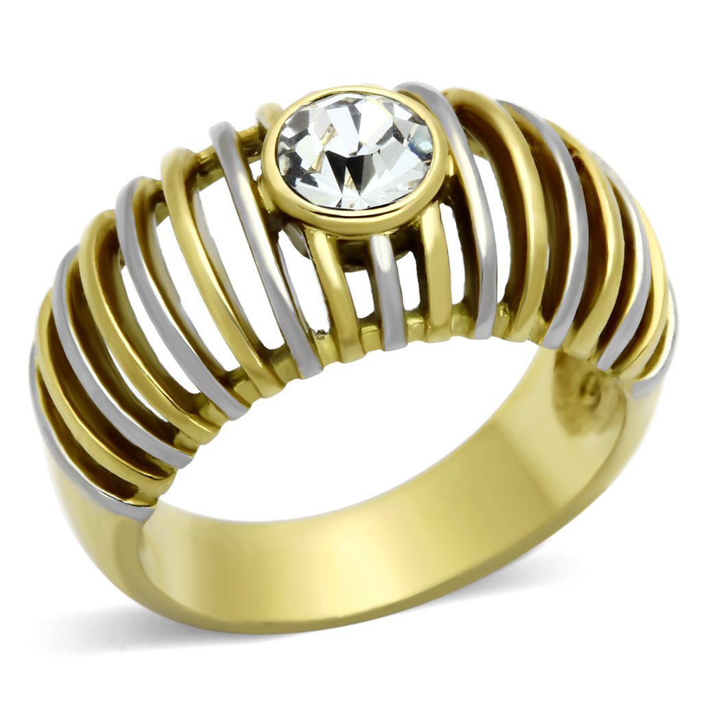 JCE1095 Two-Tone IP Gold (Ion Plating) Stainless Steel Ring with Top Grade Crystal  in Clear
