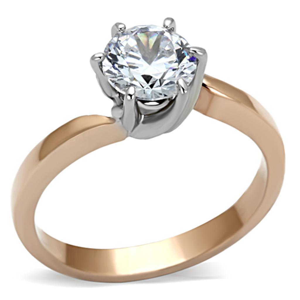 JCE1161 Two-Tone IP Rose Gold Stainless Steel Ring with AAA Grade CZ  in Clear