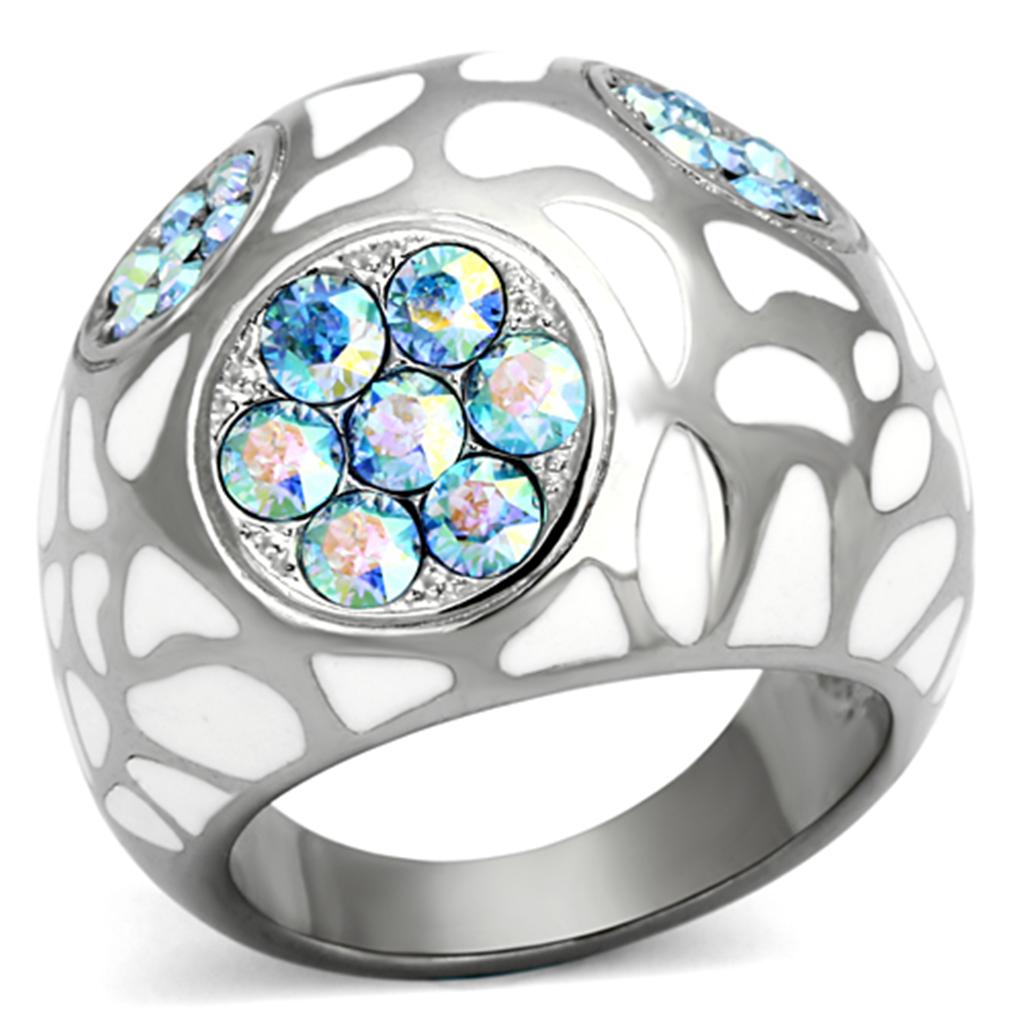 JCE1172 High polished (no plating) Stainless Steel Ring with Top Grade Crystal  in Aquamarine AB