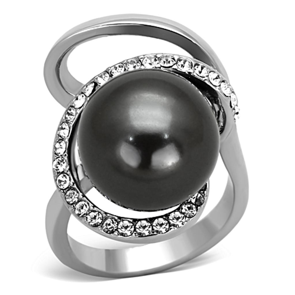 JCE1218 High polished (no plating) Stainless Steel Ring with Synthetic Pearl in Gray