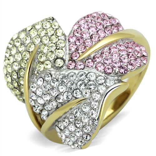 JCE1441 Two-Tone IP Gold (Ion Plating) Stainless Steel Ring with Top Grade Crystal  in Multi Color