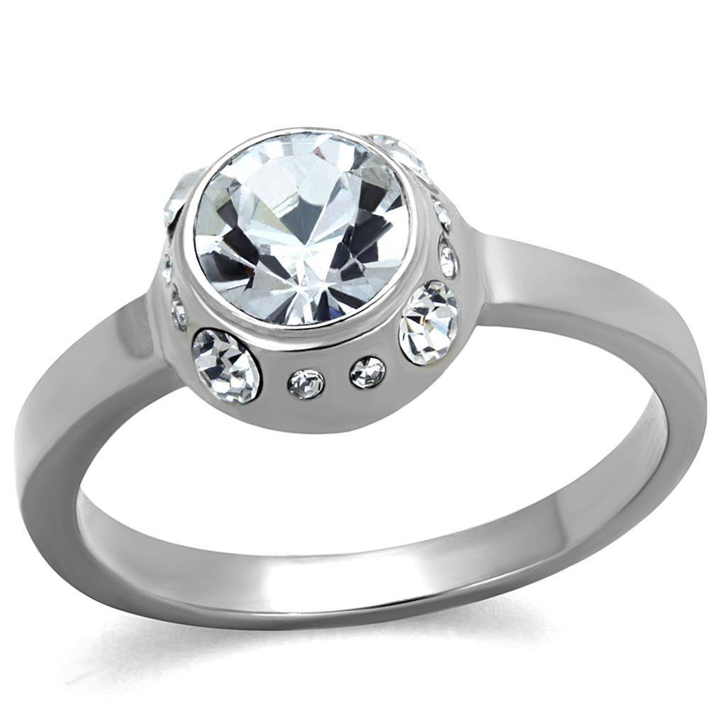 JCE2183 High polished (no plating) Stainless Steel Ring with Top Grade Crystal  in Clear
