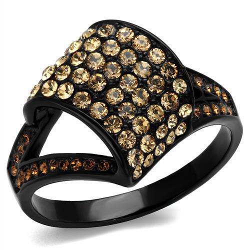 JCE2351 IP Black(Ion Plating) Stainless Steel Ring with Top Grade Crystal  in Smoked Quartz