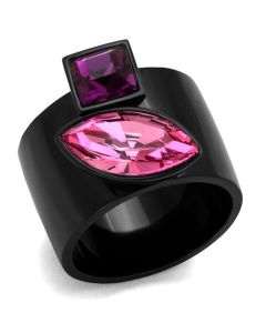 JCE2484 IP Black(Ion Plating) Stainless Steel Ring with Top Grade Crystal  in Rose